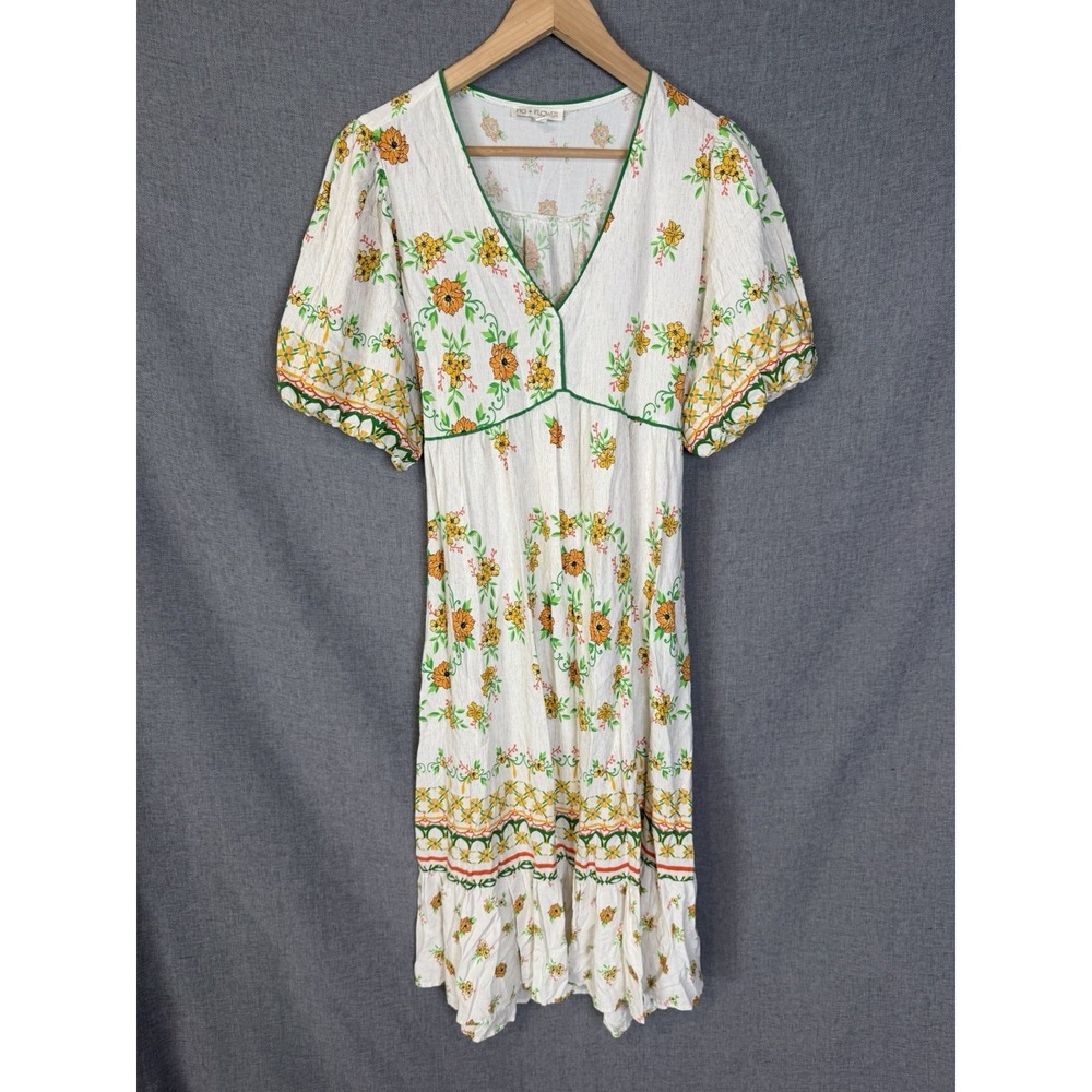 Anthropologie Fig & Flower Medium Midi Dress Cottagecore Boho Hippy Floral Ivory